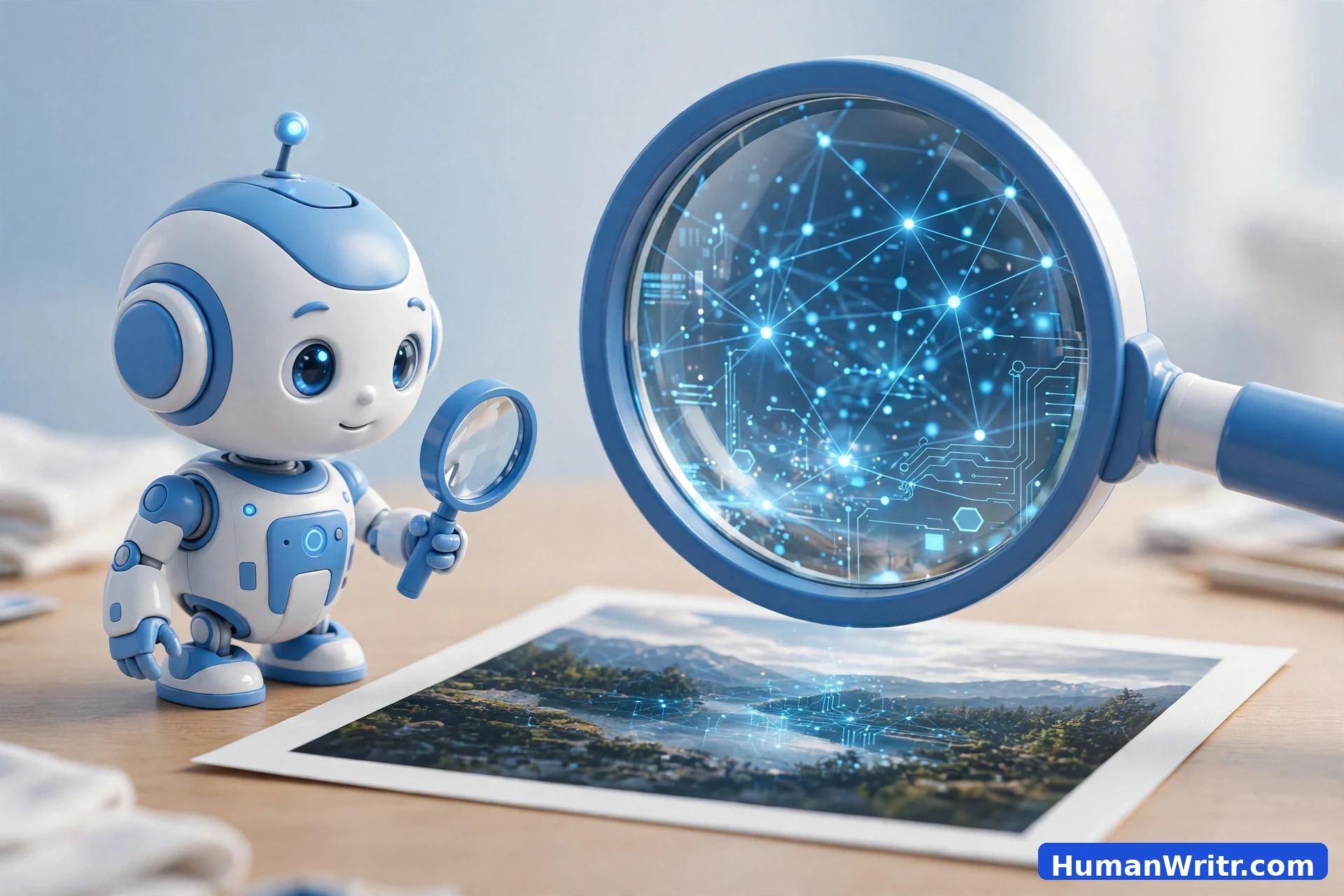 3D illustration of a magnifying glass detecting hidden digital markers in a photograph