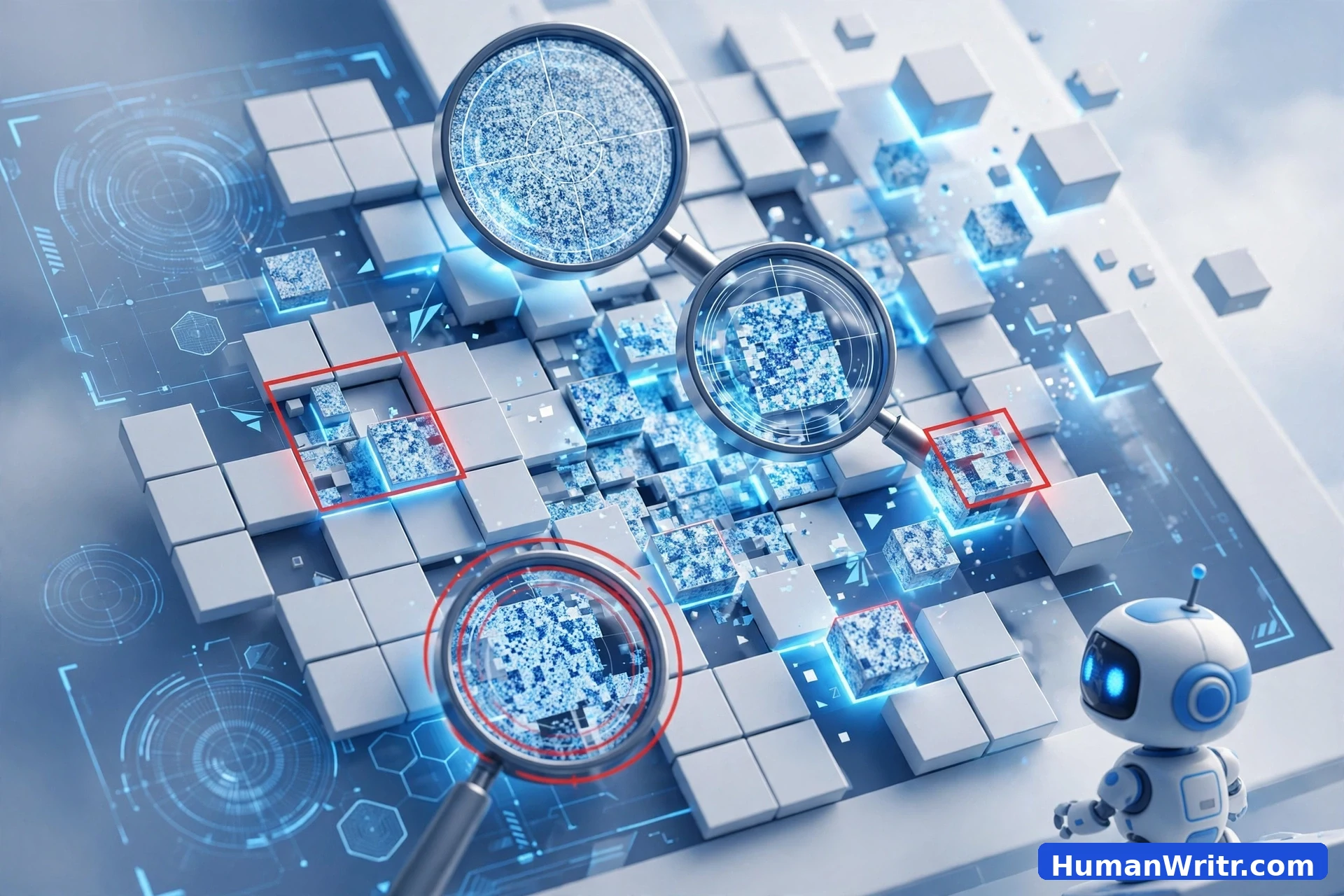 3D illustration of pixel-level forensic analysis highlighting suspicious image regions