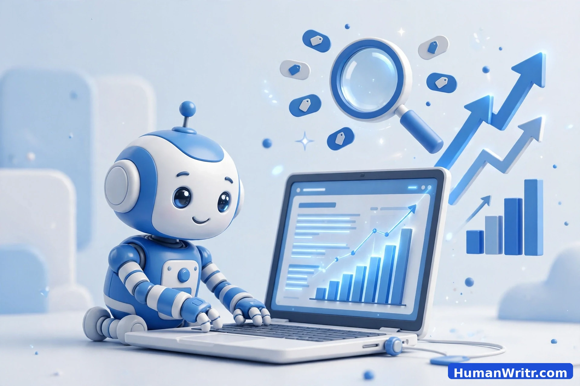 3D illustration of a robot writing an SEO article on a laptop with rising rankings