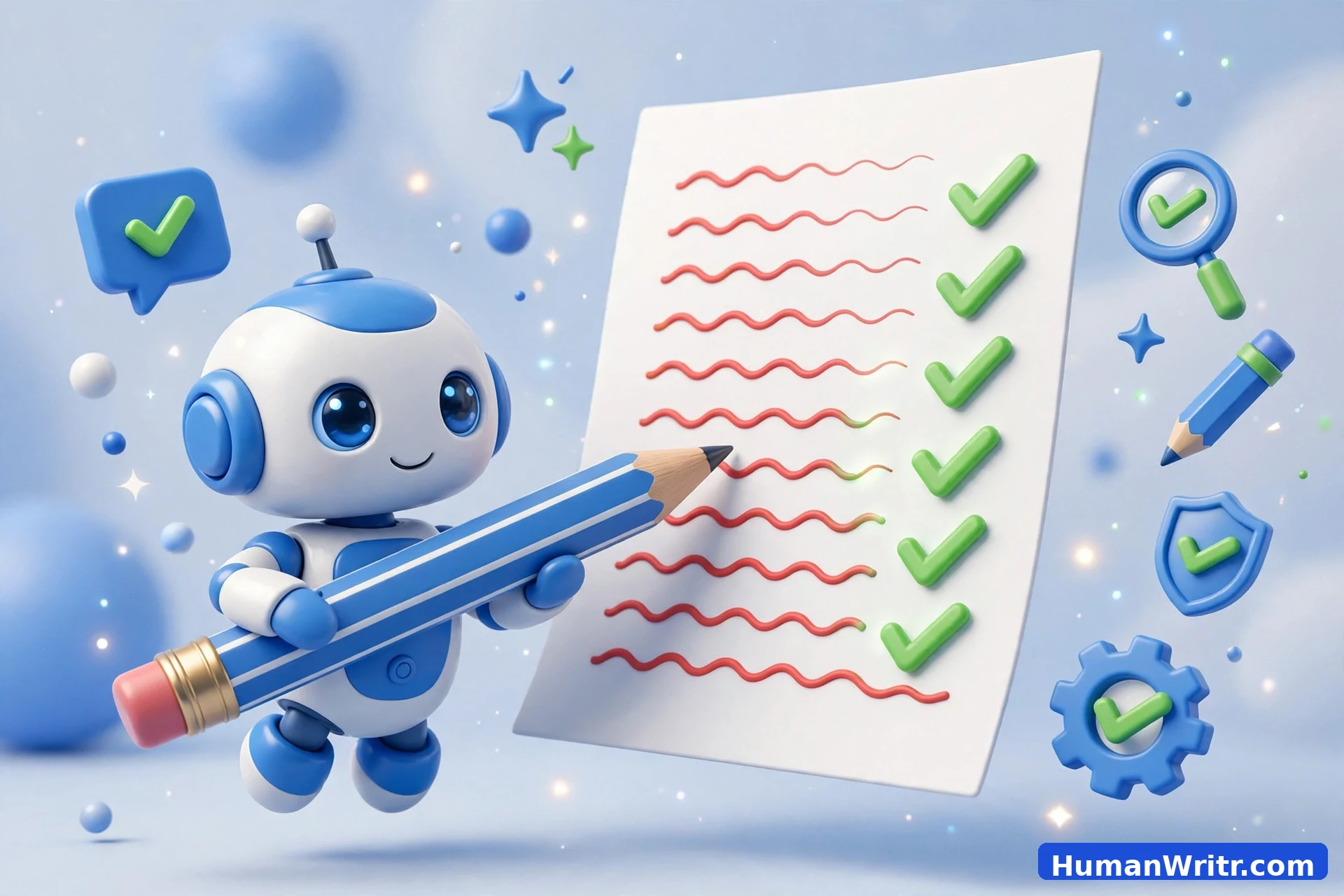 3D illustration of a robot correcting grammar errors on a document with a pencil