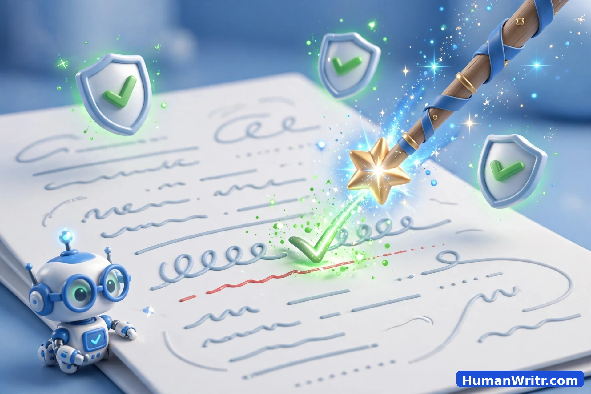 3D illustration of spelling mistakes being corrected with green checkmarks