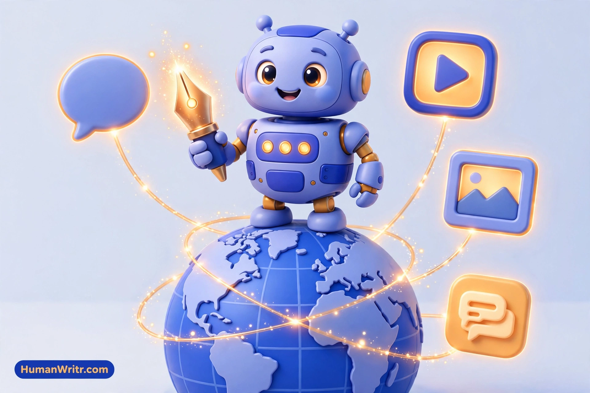 3D robot mascot connecting social platform nodes around a globe