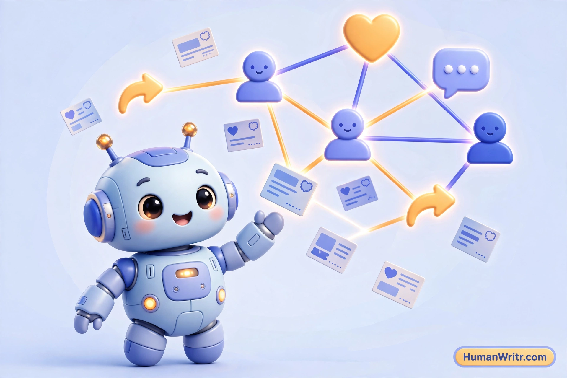 3D robot mascot sharing posts across connected community icons