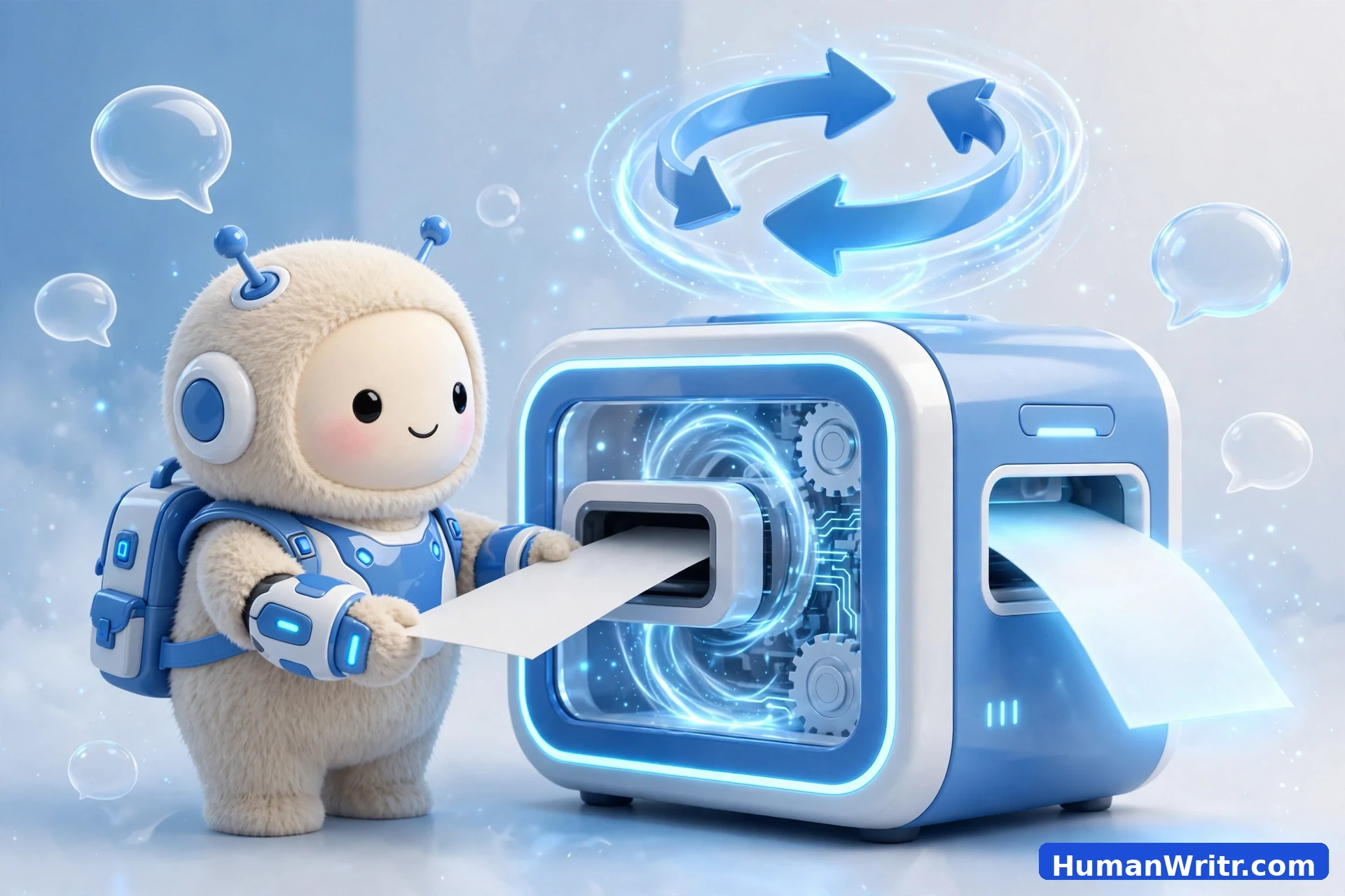 3D illustration of a robot rewriting a document through a transformation machine