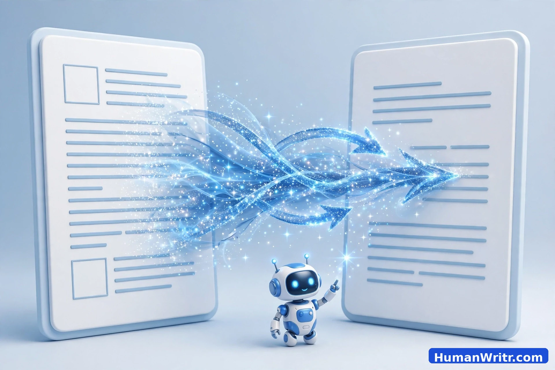 3D illustration of text being reworded between two document pages
