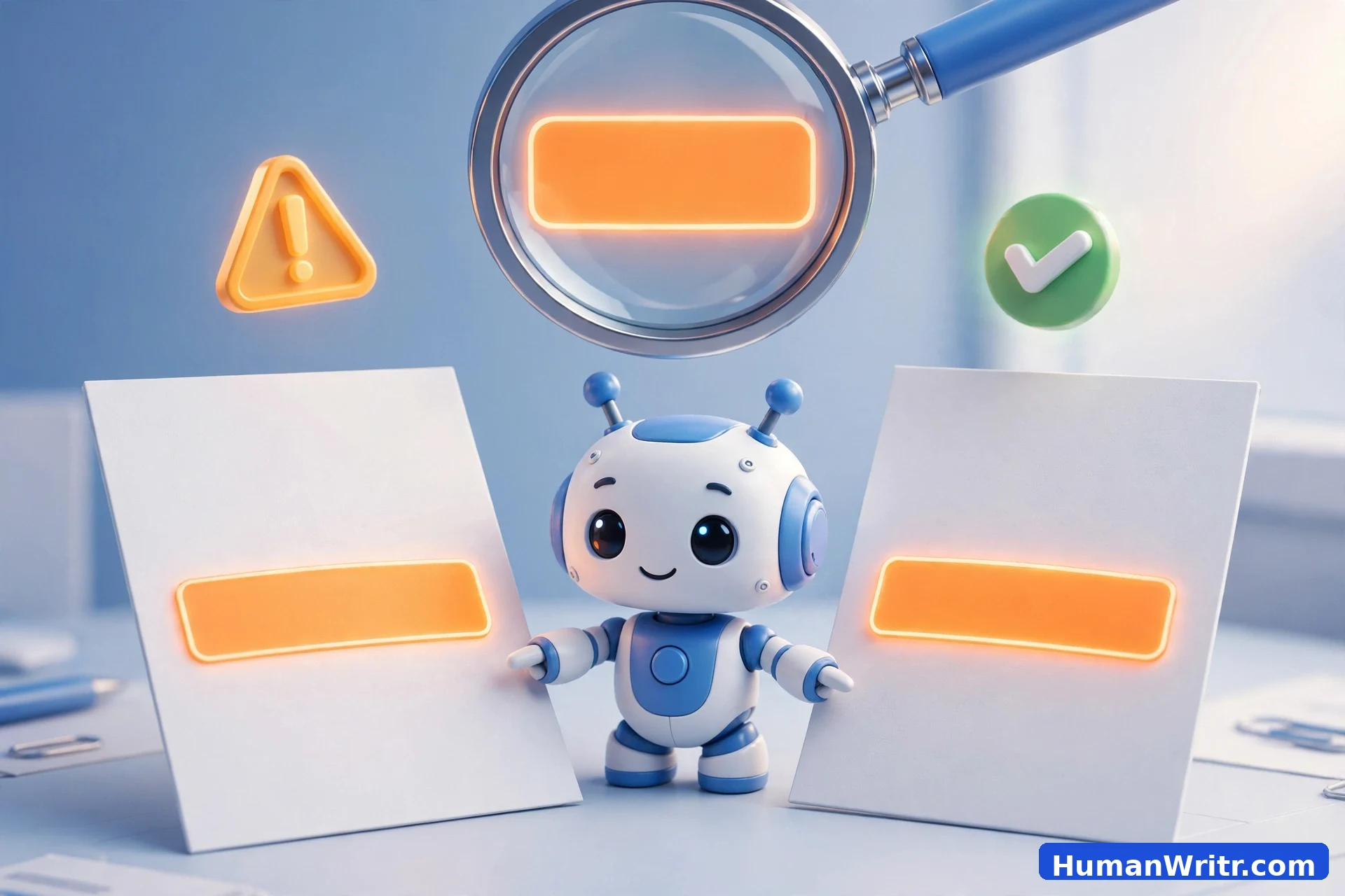 3D illustration of a robot comparing two documents to detect copied text