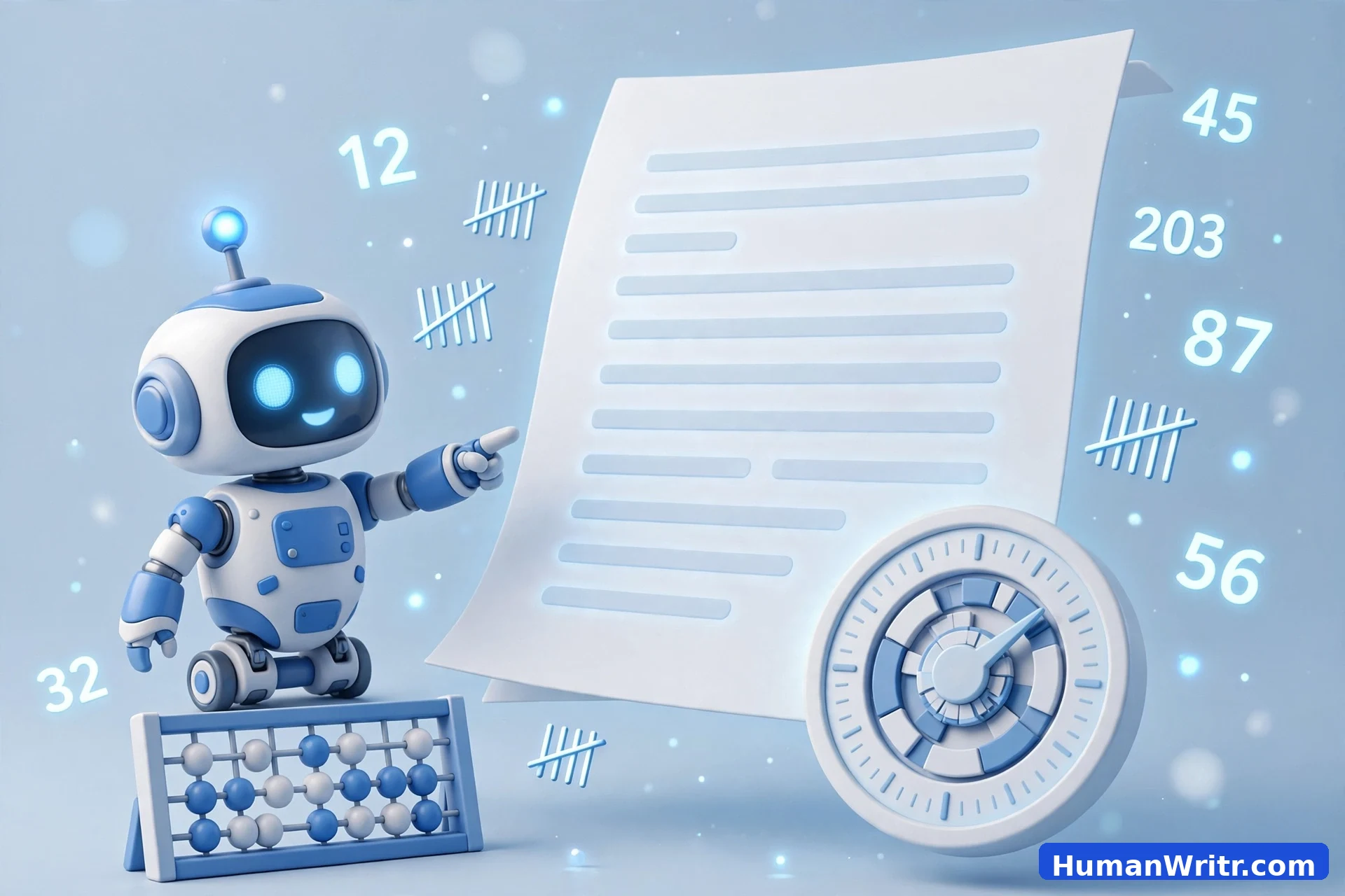 3D illustration of a robot counting words on a document with a counter dial
